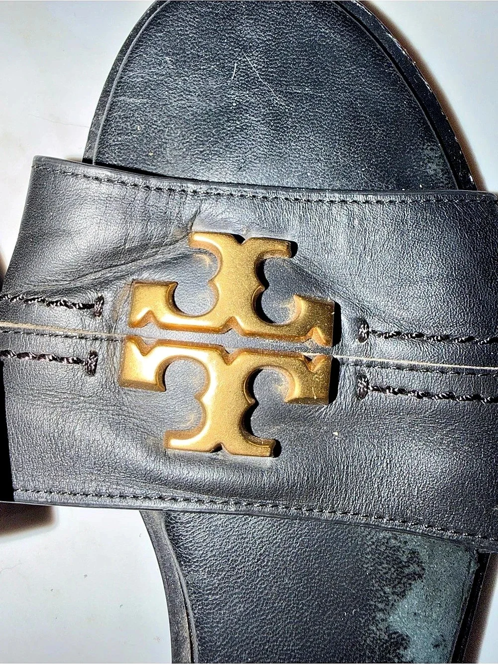 Tory Burch Double T Sport Slide Black Leather Sandals US 8.5